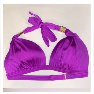 D Cup VENUS Enhancer Padded Bikini Top Gold Metal Accent Adj Slide Band Tie Neck